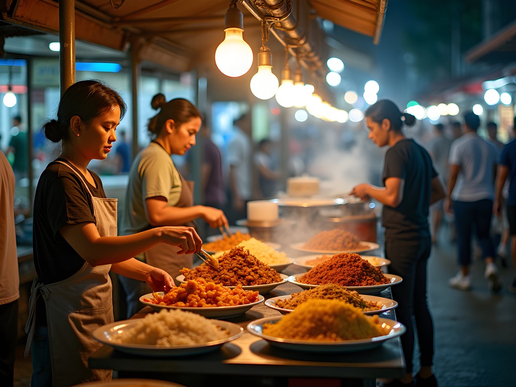 Colorful Malaysian street food at Kampung Baru night market in Kuala Lumpur