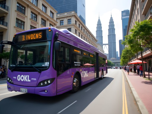 Free GOKL purple line bus navigating through downtown Kuala Lumpur with Petronas Towers visible in background