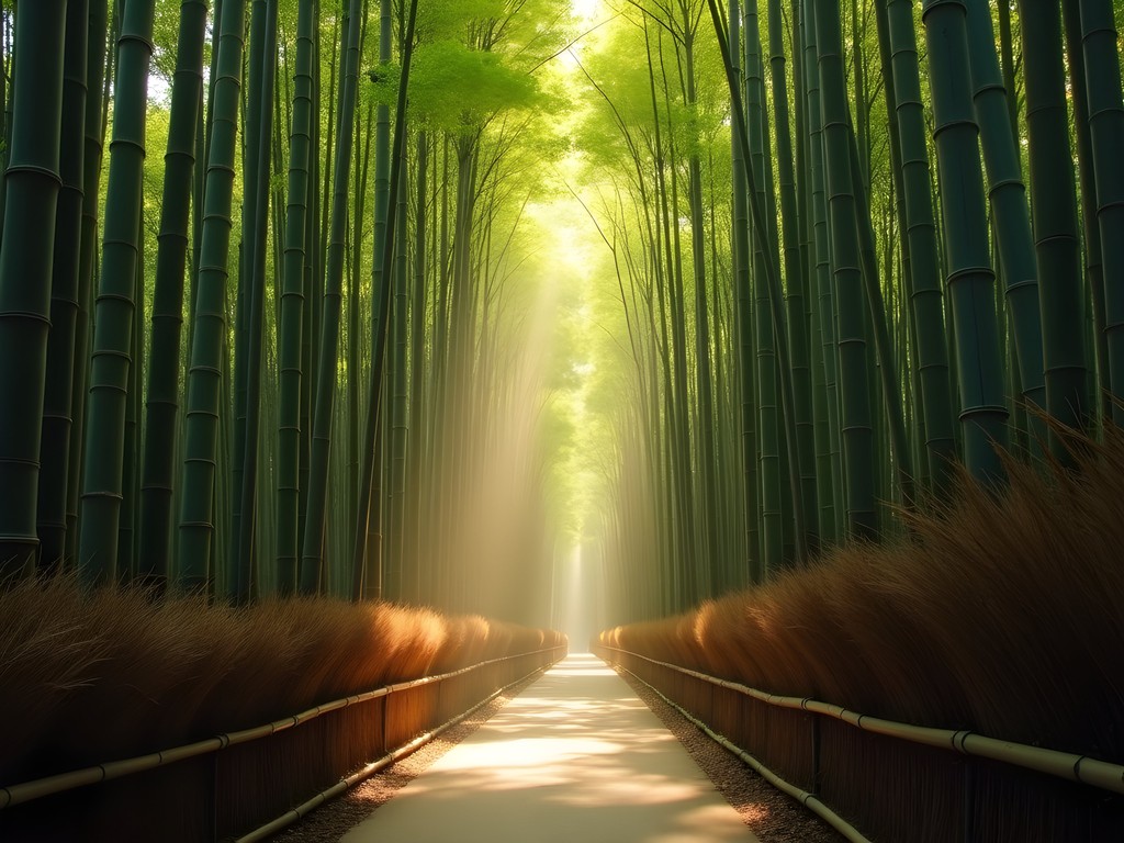 Early morning light filtering through Arashiyama Bamboo Grove with no tourists