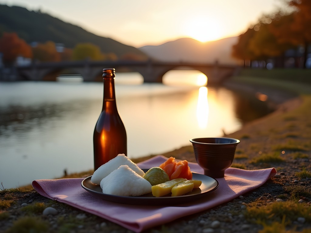 Evening picnic with local foods by Kyoto's Kamo River with temples visible in distance