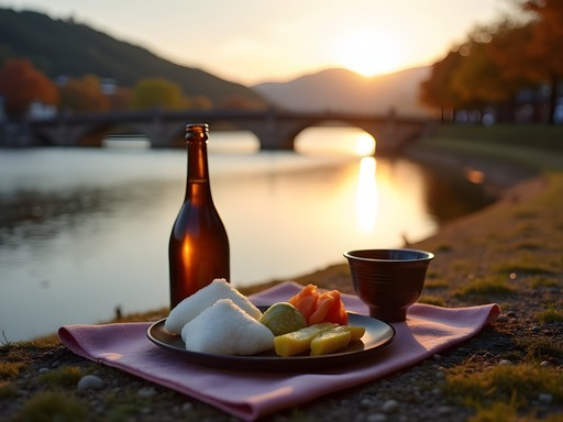 Evening picnic with local foods by Kyoto's Kamo River with temples visible in distance