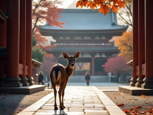 Wild deer wandering near Todai-ji Temple in Nara with autumn colors
