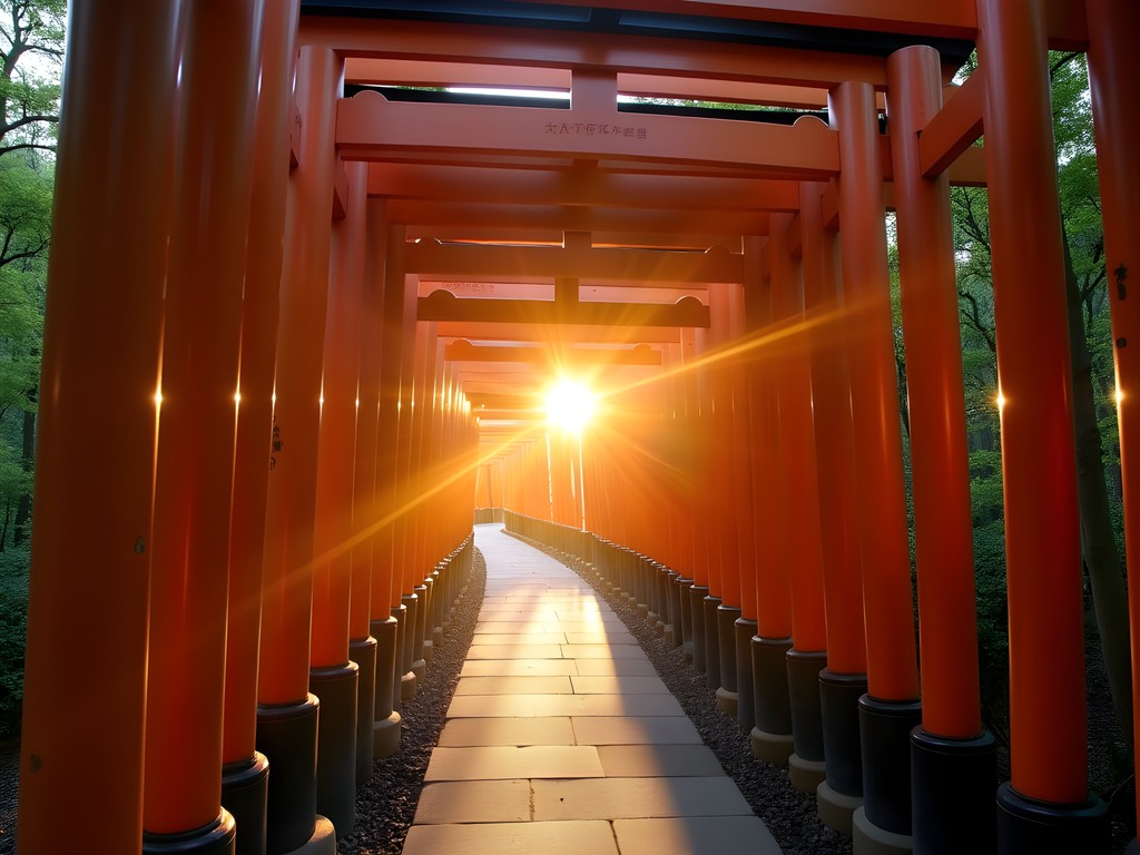 Sunrise light filtering through empty torii gates at Fushimi Inari shrine