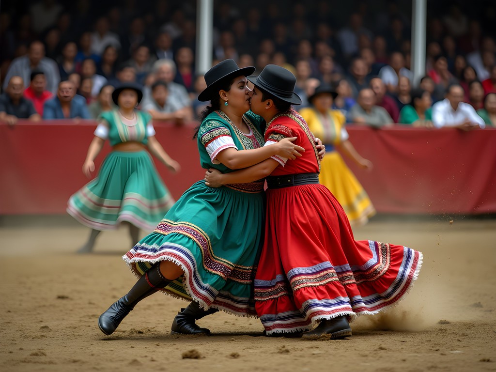 Cholita wrestlers performing in traditional dress at El Alto Sunday market in La Paz