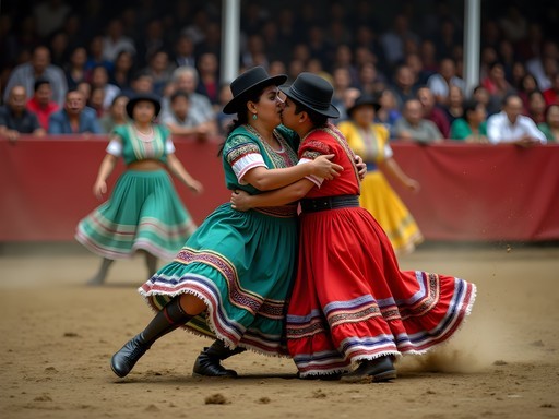 Cholita wrestlers performing in traditional dress at El Alto Sunday market in La Paz