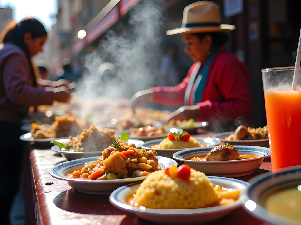 Colorful display of traditional Bolivian food at Mercado Lanza in La Paz