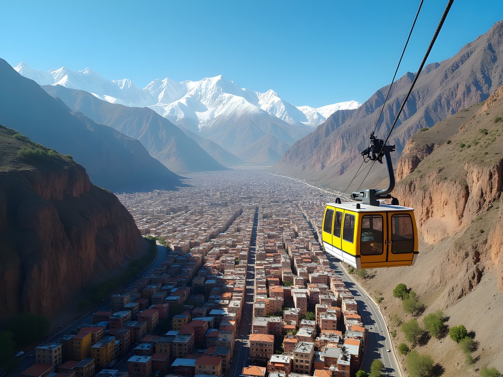 Aerial view of La Paz from the Yellow Line teleférico showing colorful buildings cascading down the canyon