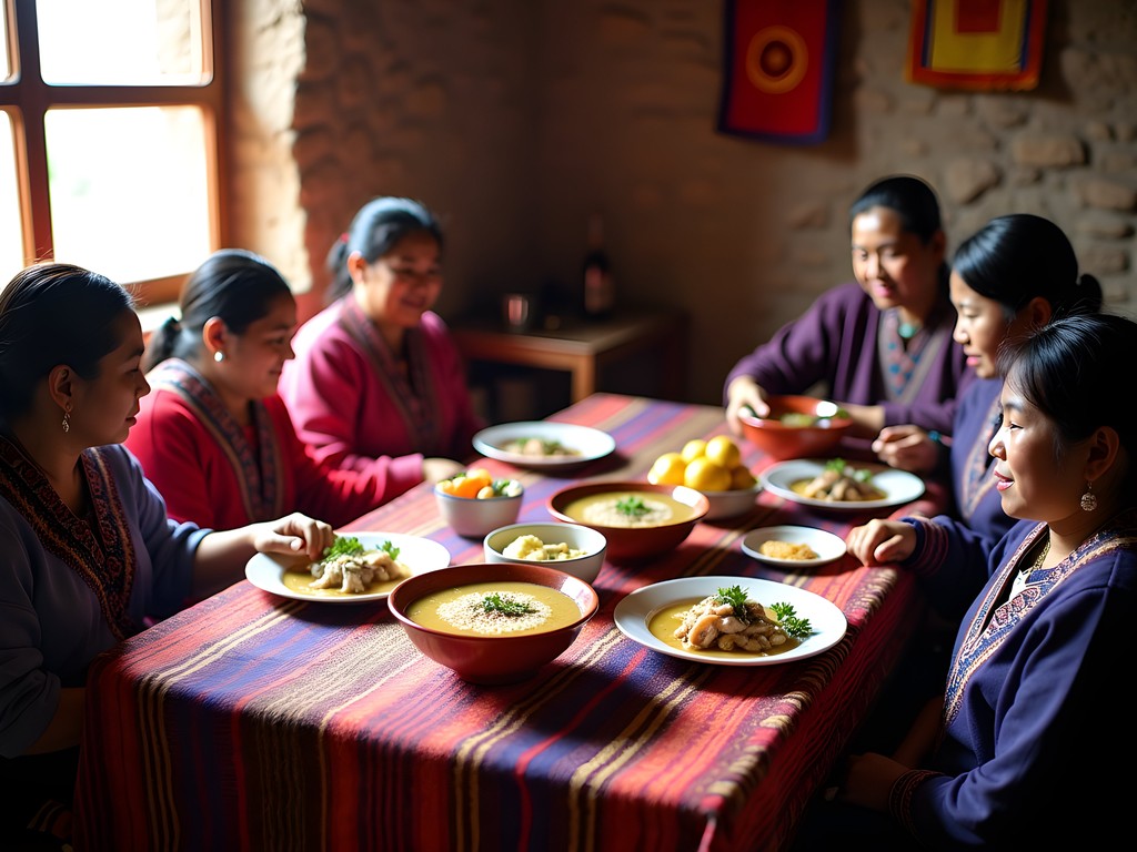 Traditional family meal during homestay on Amantaní Island, Lake Titicaca