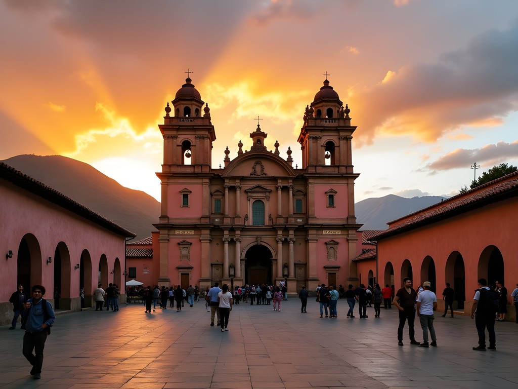 Sunset over Plaza de Armas in Cusco with cathedral and mountains