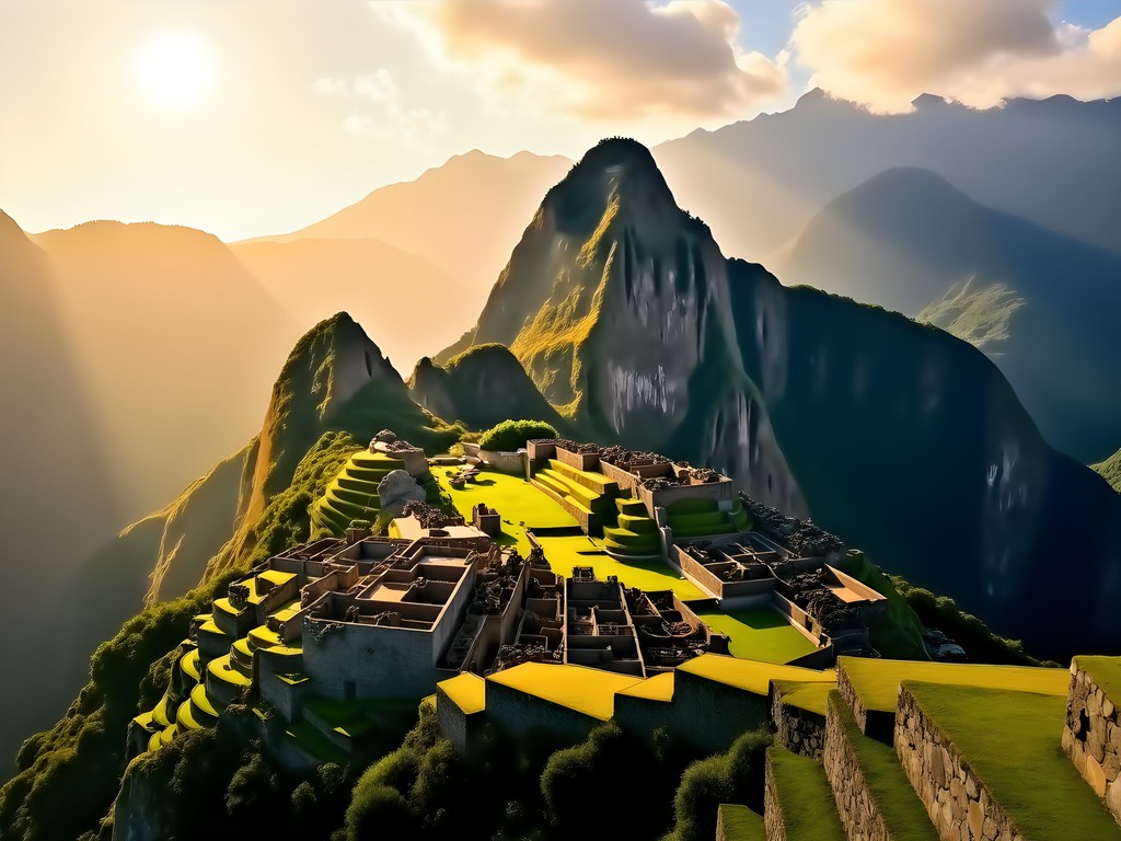 Machu Picchu emerging from morning mist at sunrise with few tourists