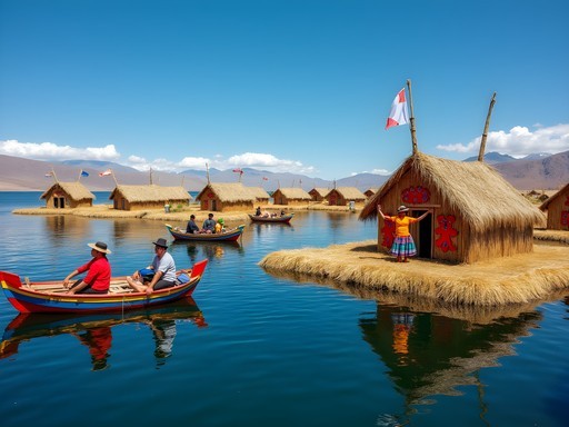 Colorful reed boats and houses on floating Uros Islands of Lake Titicaca