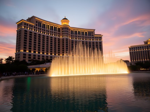 Bellagio fountains at sunrise with colorful sky and water display