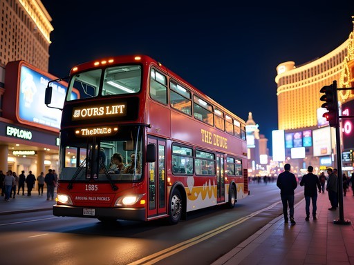The Deuce double-decker bus on Las Vegas Strip with neon lights