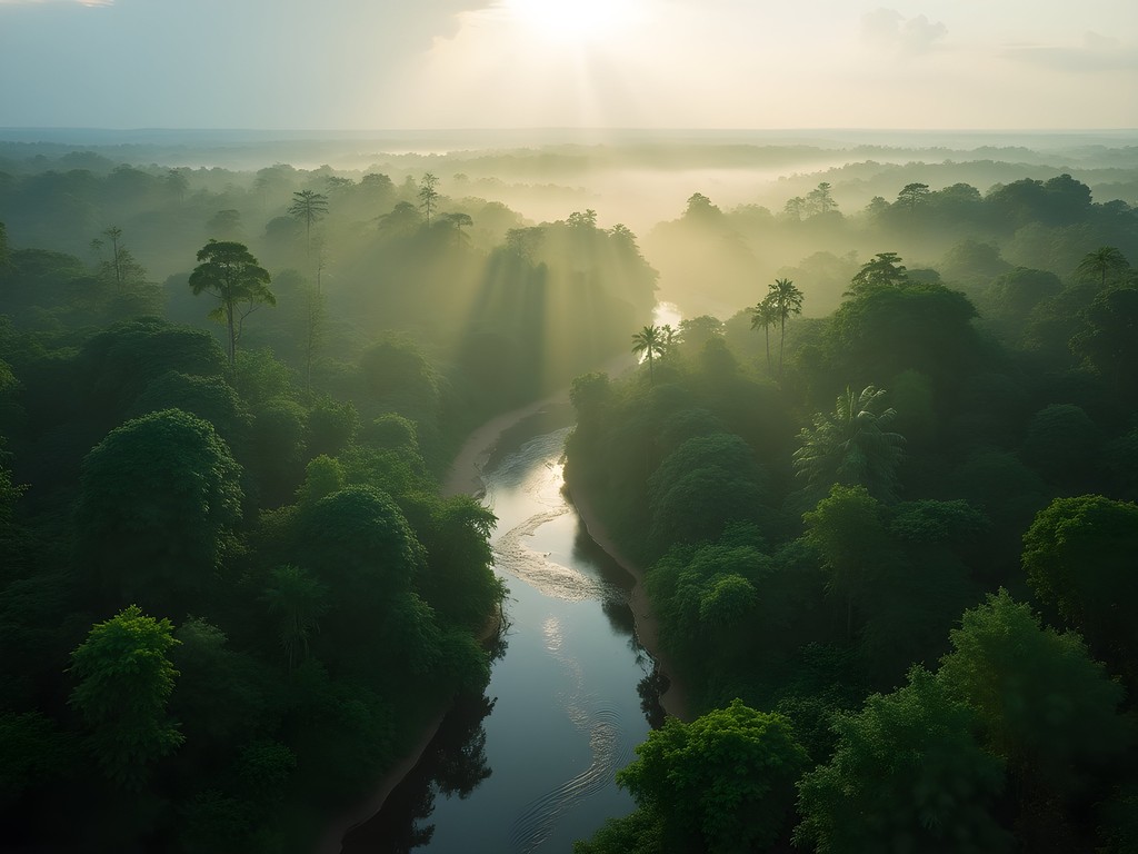 Lush rainforest canopy in Central Suriname Nature Reserve with morning mist
