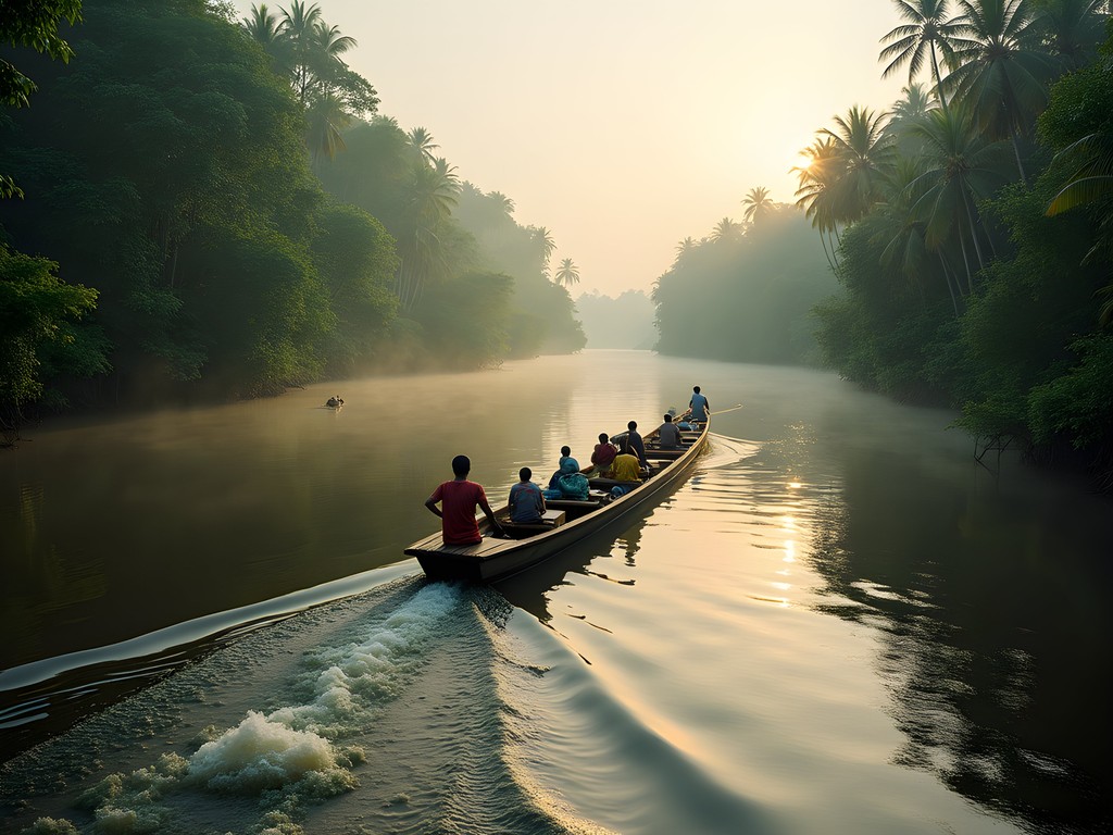 Traditional dugout canoe navigating the Upper Suriname River with dense jungle on both banks