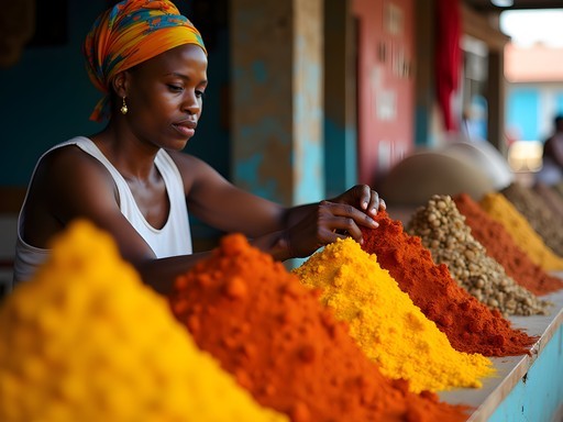 Colorful spice display at Les Cayes main market