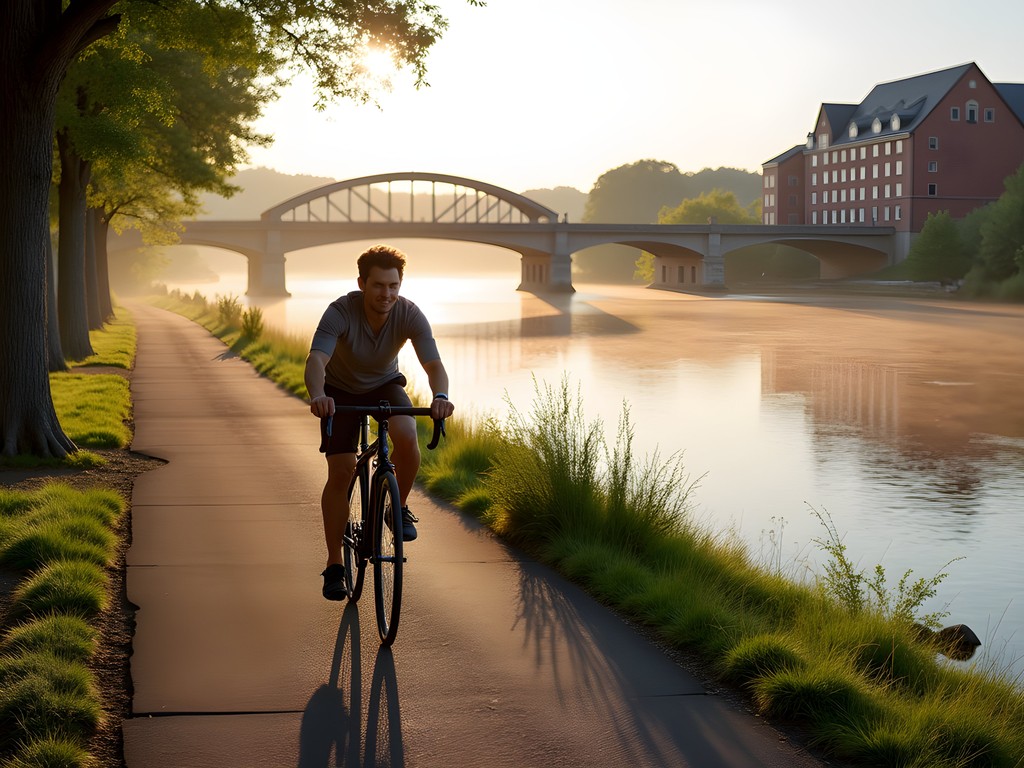 Cyclist riding along the Androscoggin Riverfront Trail in Lewiston