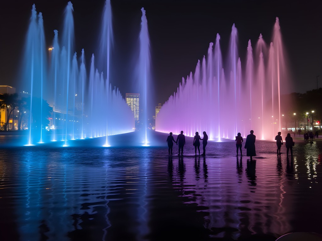 Colorful illuminated fountains at Lima's Magic Water Circuit at night