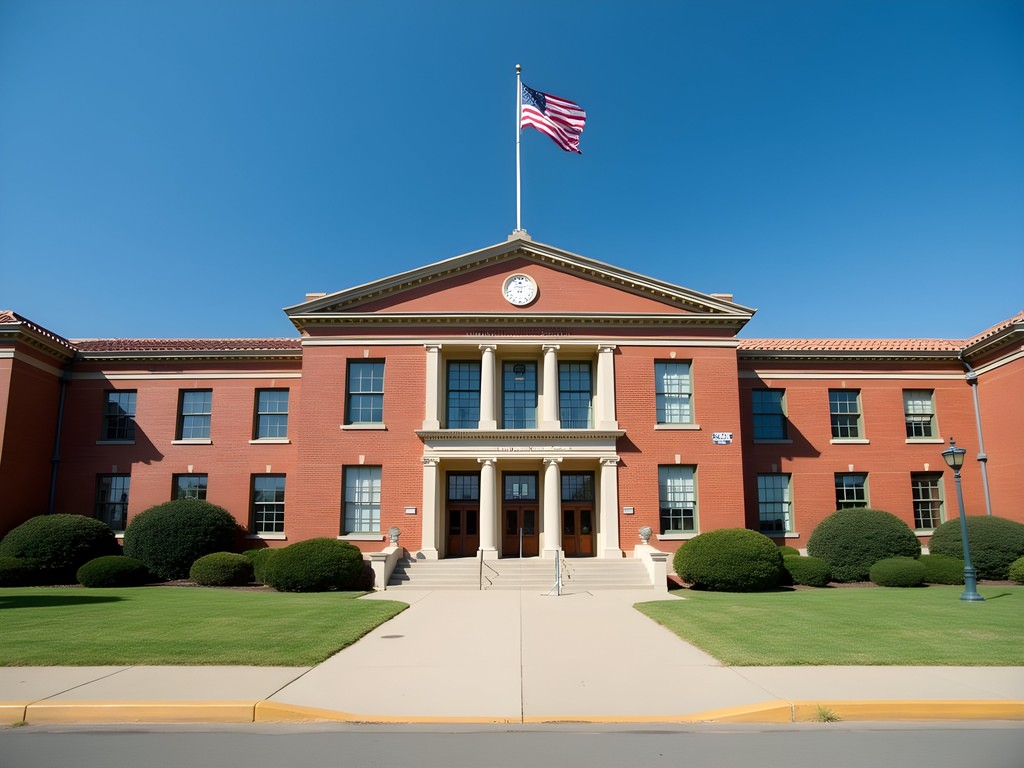 Little Rock Central High School National Historic Site facade with American flag