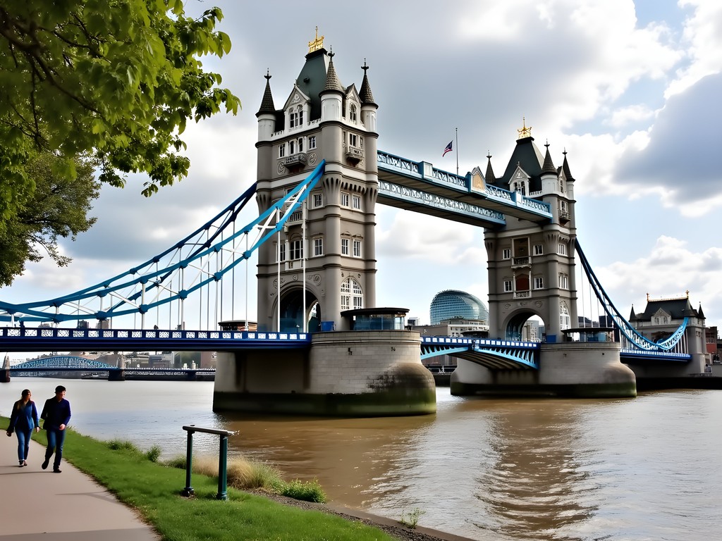 View of Tower Bridge from Thames Path walking trail in London
