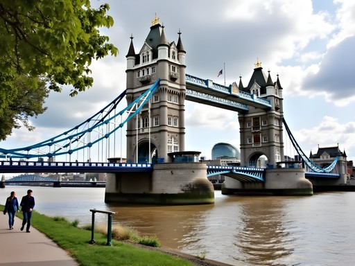 View of Tower Bridge from Thames Path walking trail in London
