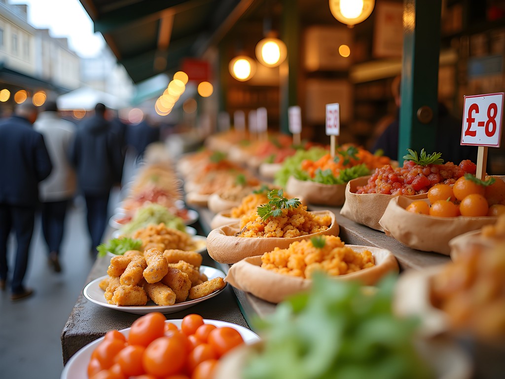 Colorful food stalls at Borough Market with affordable street food options