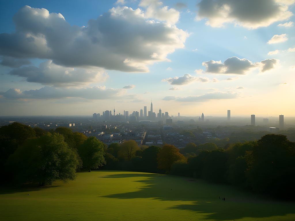 View of London skyline from Hampstead Heath with lush greenery in foreground