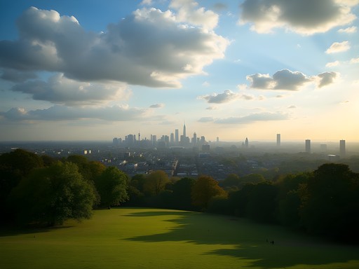 View of London skyline from Hampstead Heath with lush greenery in foreground