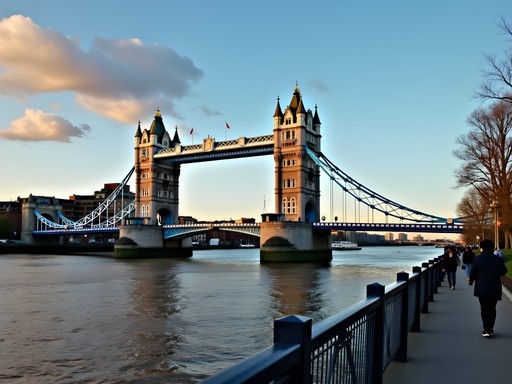 View of Tower Bridge from Thames Path walking route in London