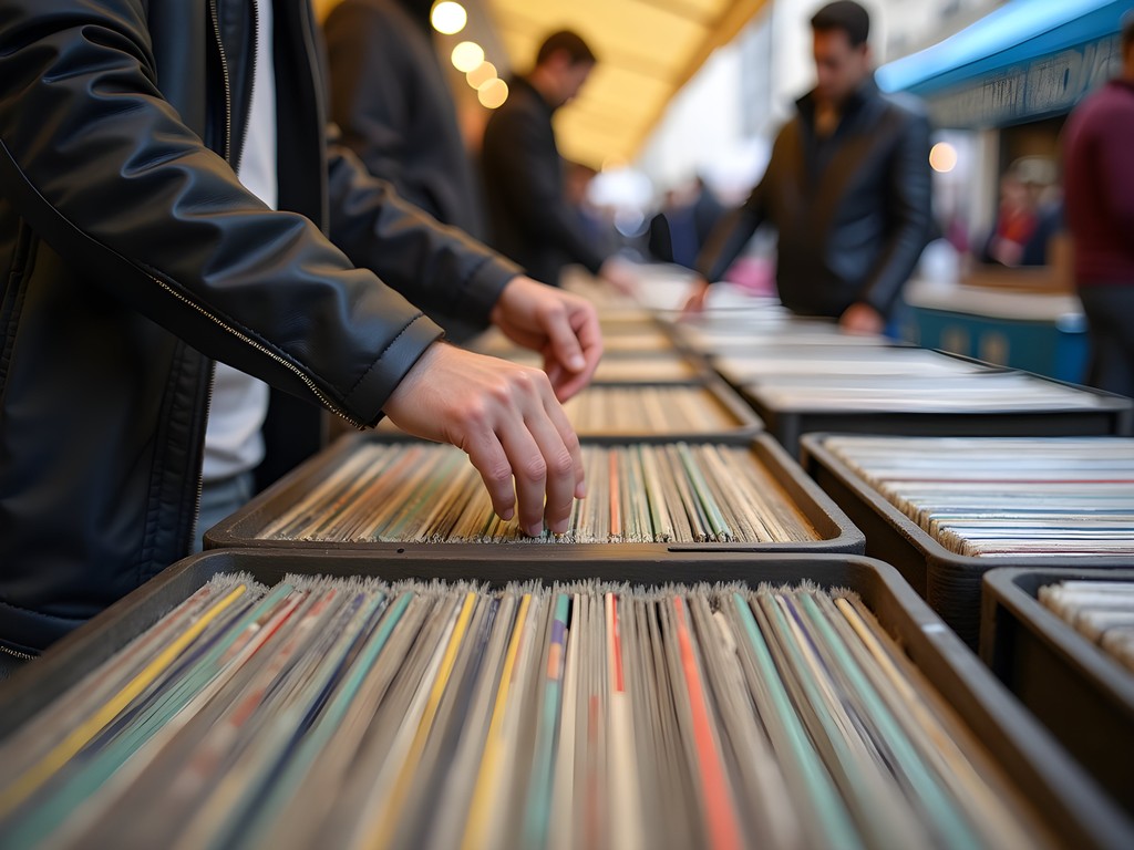 Person browsing through vinyl records at Brick Lane Market in London