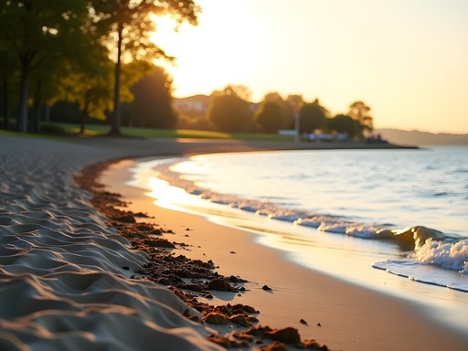 Morning light on Lakeview Park beach with Lake Erie waves and historic rose garden in background