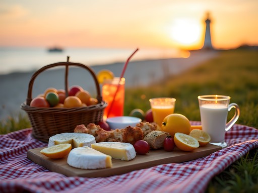 Budget picnic spread on Lake Erie shoreline with lighthouse in distance at sunset