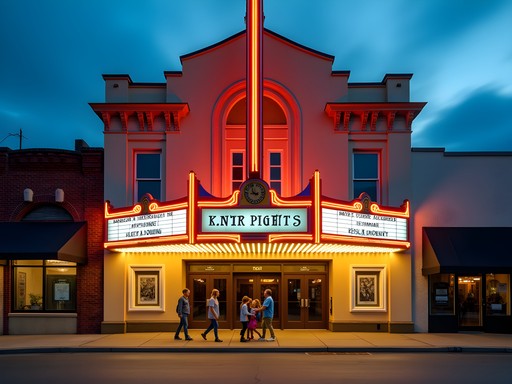 Historic Lorain Palace Theater illuminated at dusk with families entering for budget movie night