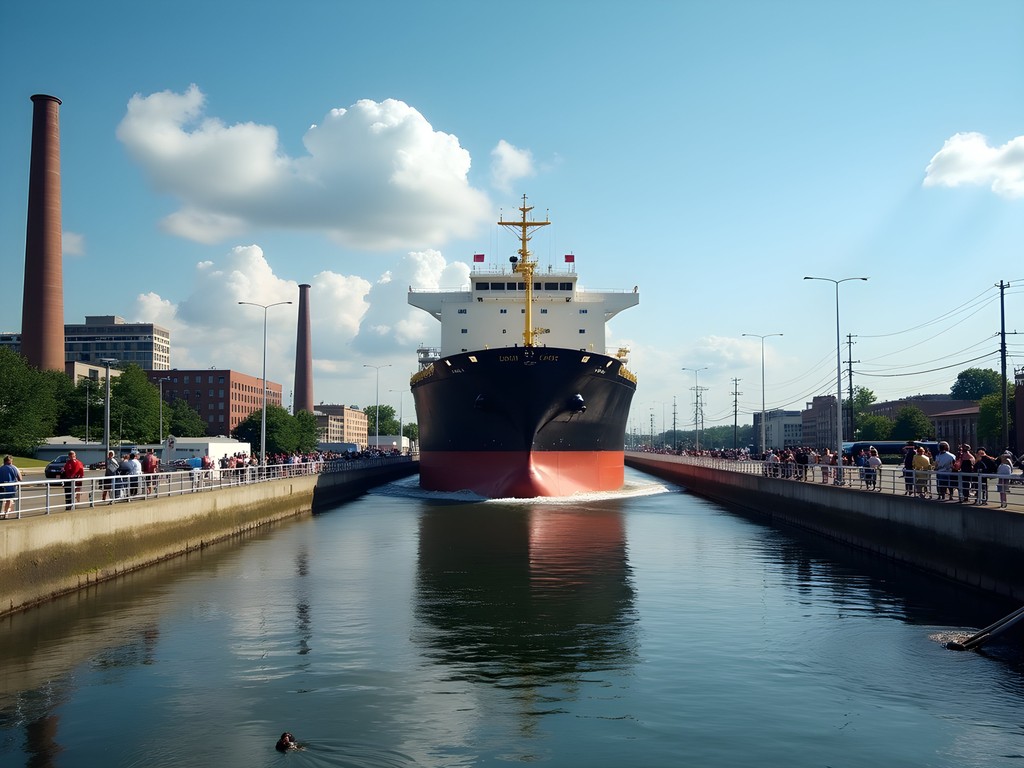 Massive lake freighter navigating through Black River channel in Lorain