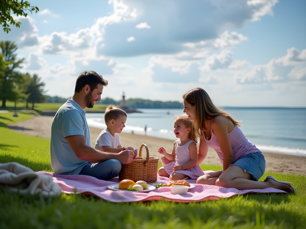 Family enjoying affordable picnic on shores of Lake Erie at Lakeview Park