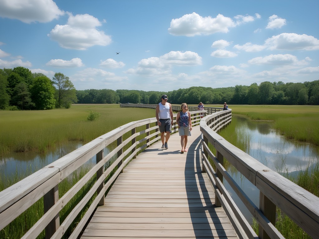 Family exploring Sandy Ridge Reservation boardwalk through wetlands in Lorain County