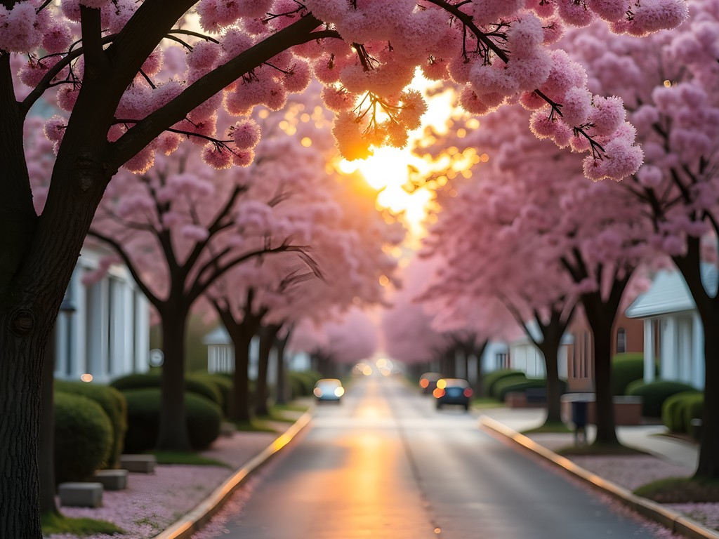 Cherry blossom trees lining historic Macon street at sunrise