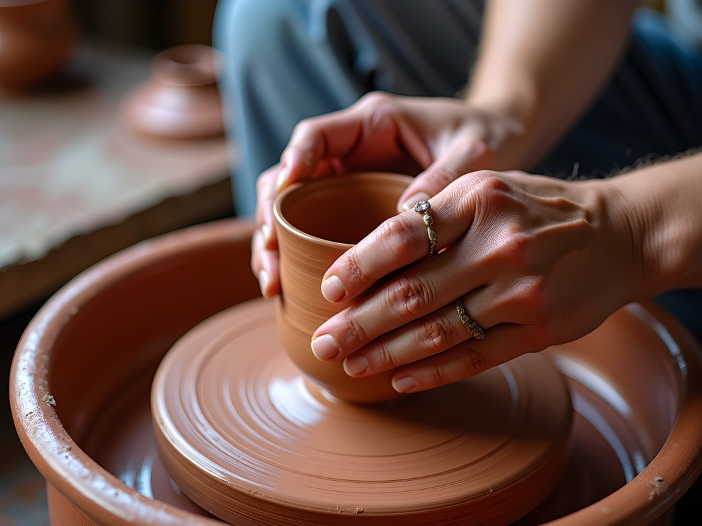 Close-up of hands working with clay at a Macon pottery workshop