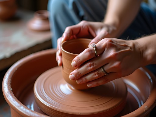 Close-up of hands working with clay at a Macon pottery workshop