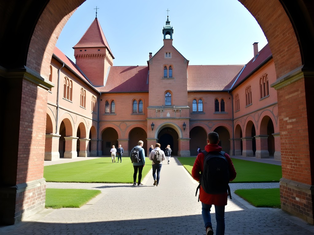 Students exploring the inner courtyard of Malbork Castle in spring with fewer crowds