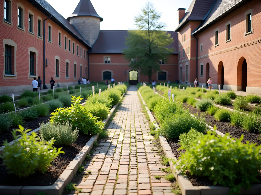 Medieval herb garden at Malbork Castle with few tourists in spring