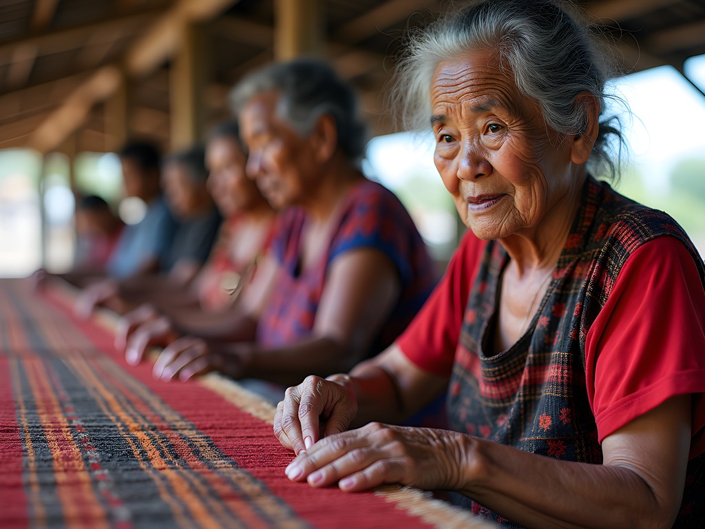 Elderly East Timorese woman demonstrating traditional textile weaving in Maliana market