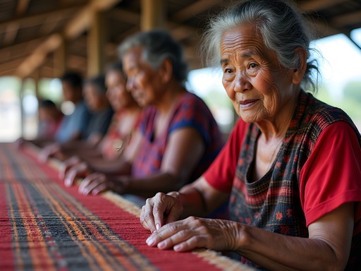 Elderly East Timorese woman demonstrating traditional textile weaving in Maliana market