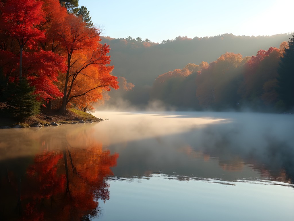 Autumn foliage reflecting in the still waters of Lake Massabesic near Manchester, New Hampshire