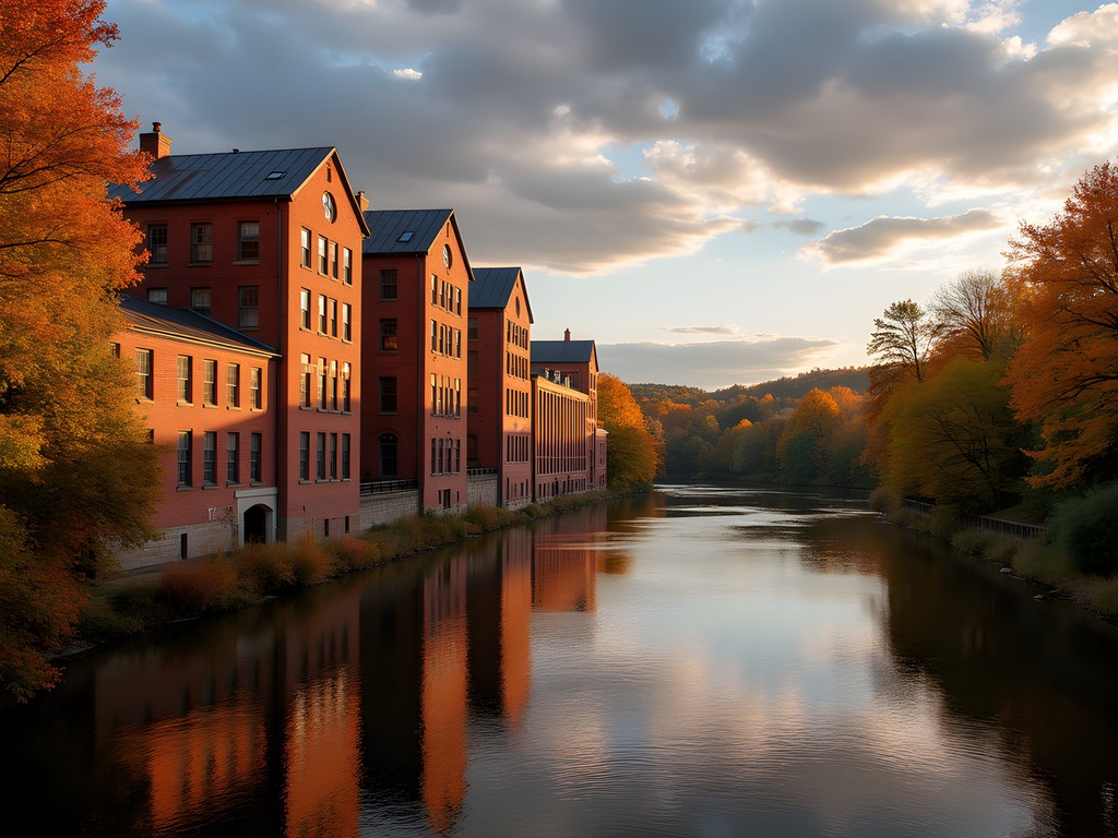 Historic brick mills of Manchester's millyard district with fall foliage along the Merrimack River