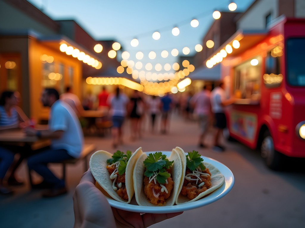 Vibrant street food scene in Aggieville district of Manhattan, Kansas at dusk