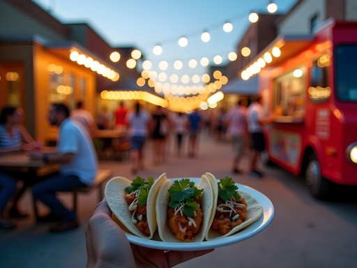 Vibrant street food scene in Aggieville district of Manhattan, Kansas at dusk