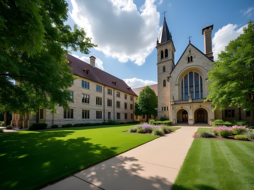 Historic limestone buildings and gardens at Kansas State University campus