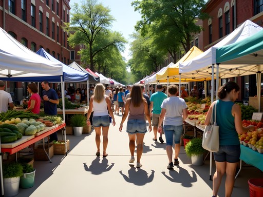 Vibrant Saturday morning farmers market in downtown Manhattan, Kansas with local produce and artisanal goods