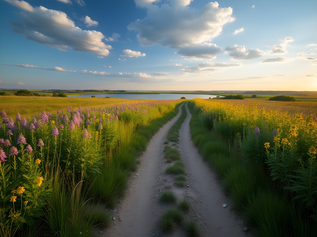 Scenic hiking trail along Tuttle Creek Reservoir with prairie wildflowers in bloom